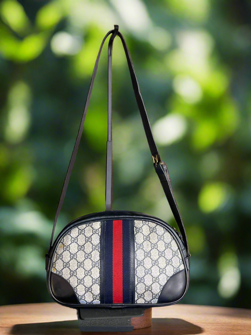 Authentic GUCCI Sherry Line Shoulder Cross Body Bag GG PVC Leather Navy