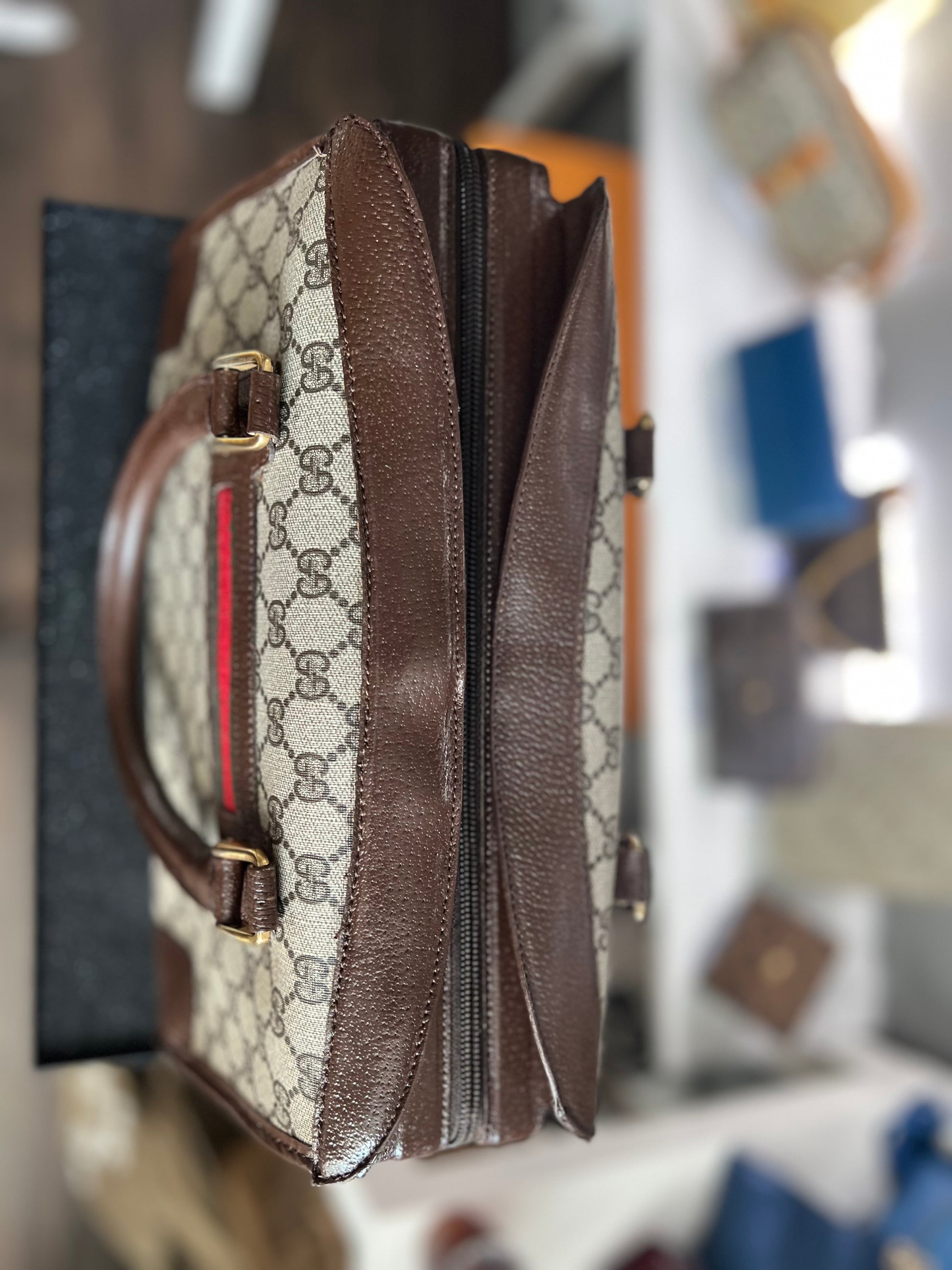 GUCCI Web Sherry Line Hand Boston Bag GG PVC Leather Brown
