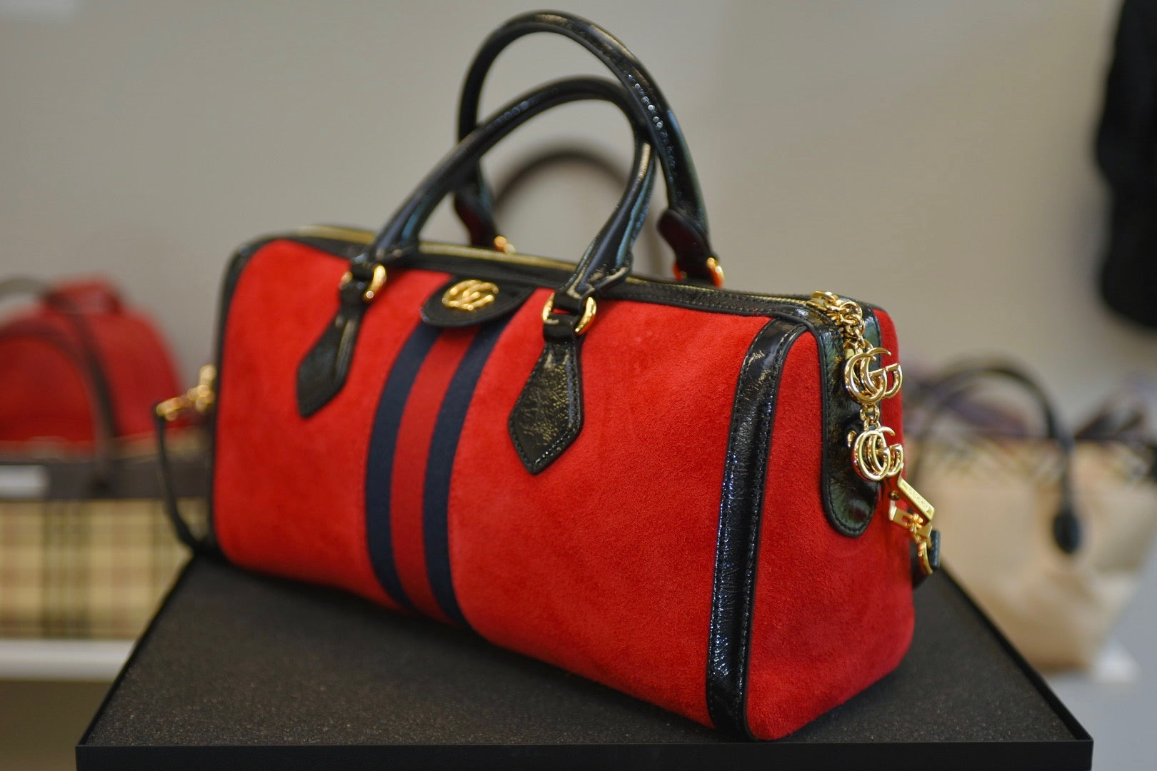 Gucci Red Suede Medium Ophidia Boston W/ Box & Dustbag
