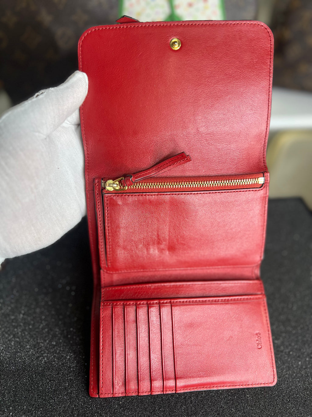 Chloe Vintage Alphabet Trifold Wallet Purse Leather Red