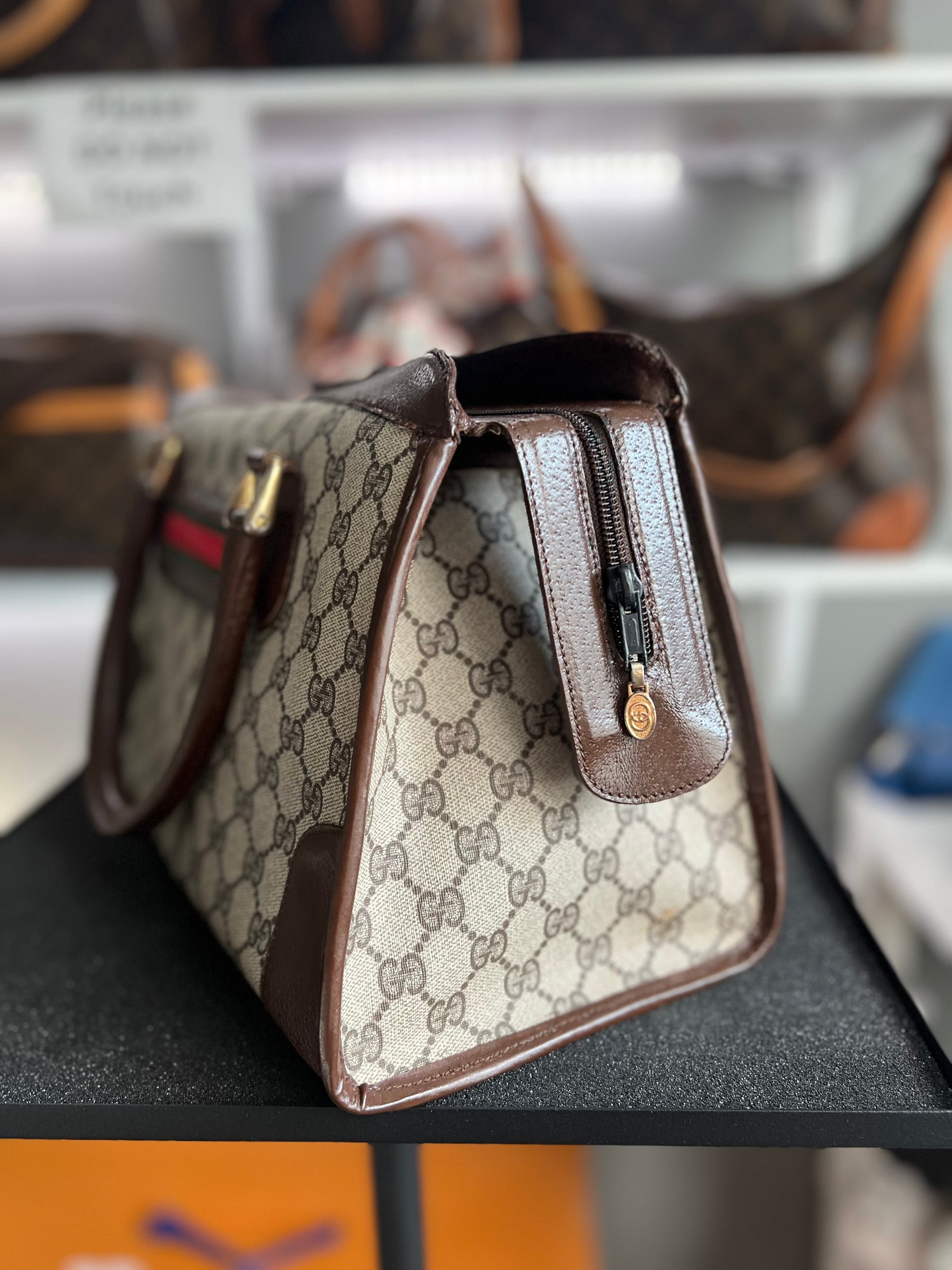 GUCCI Web Sherry Line Hand Boston Bag GG PVC Leather Brown