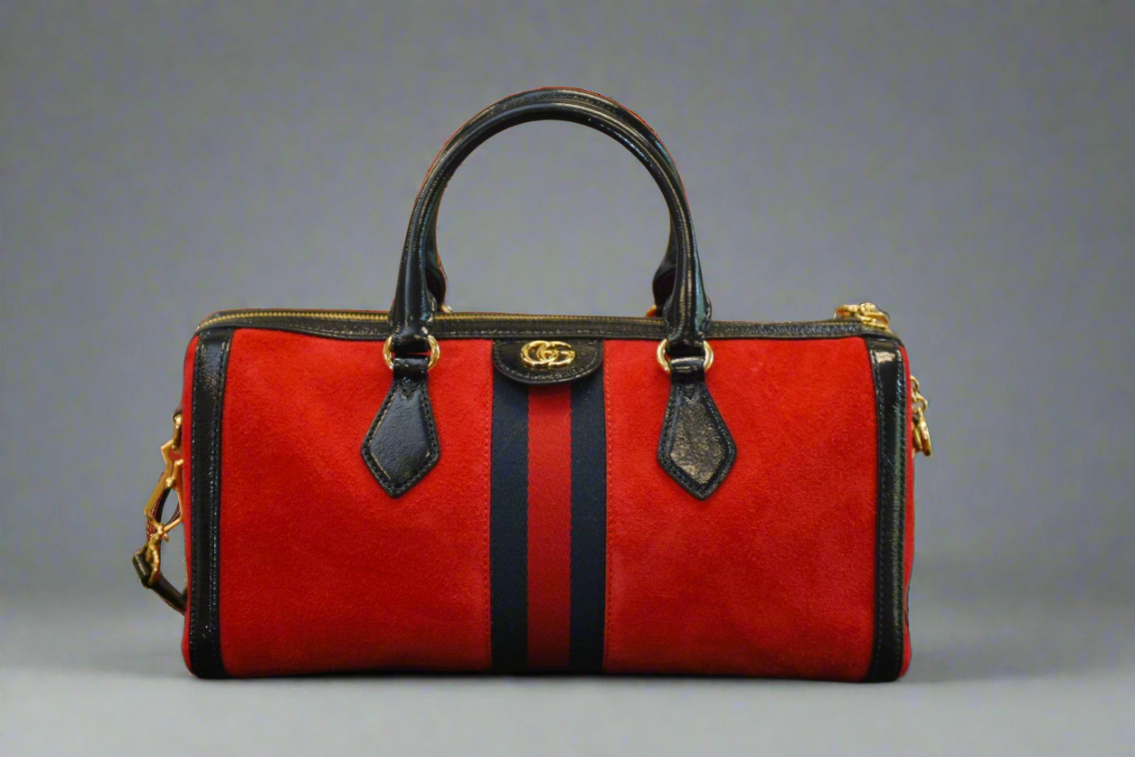 Gucci Red Suede Medium Ophidia Boston W/ Box & Dustbag