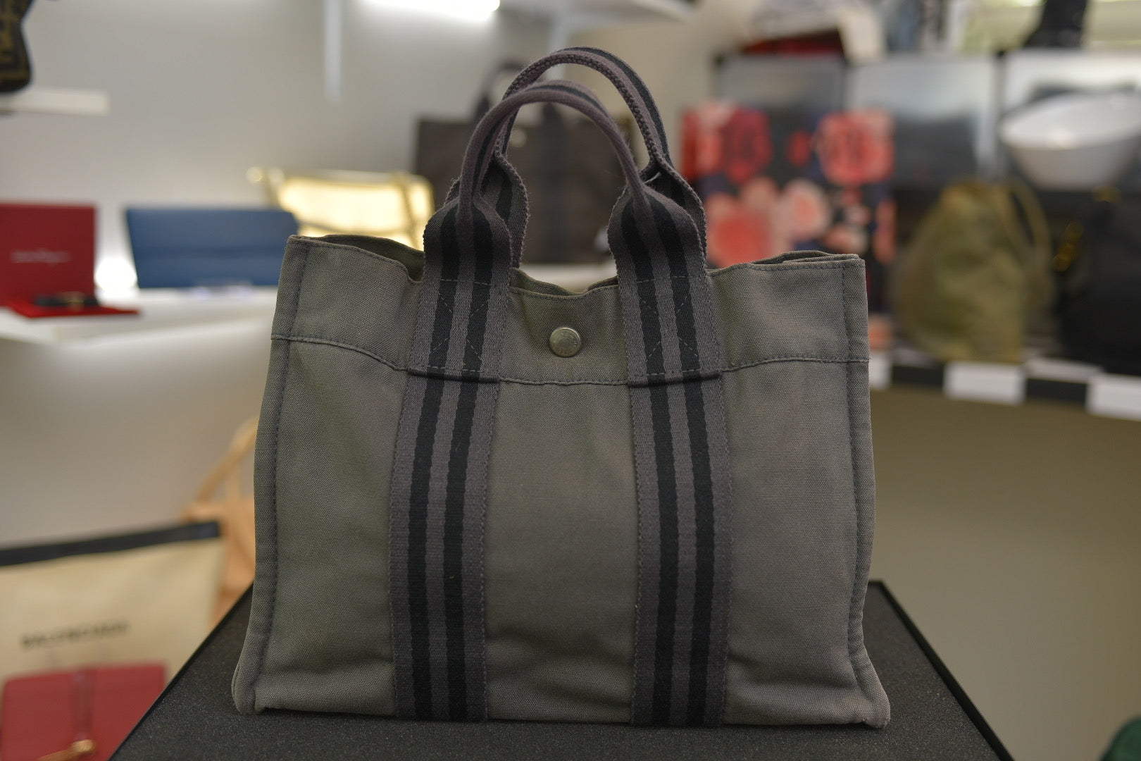 HERMES Black Gray Fourre Tout MM Small Canvas Tote Bag Purse