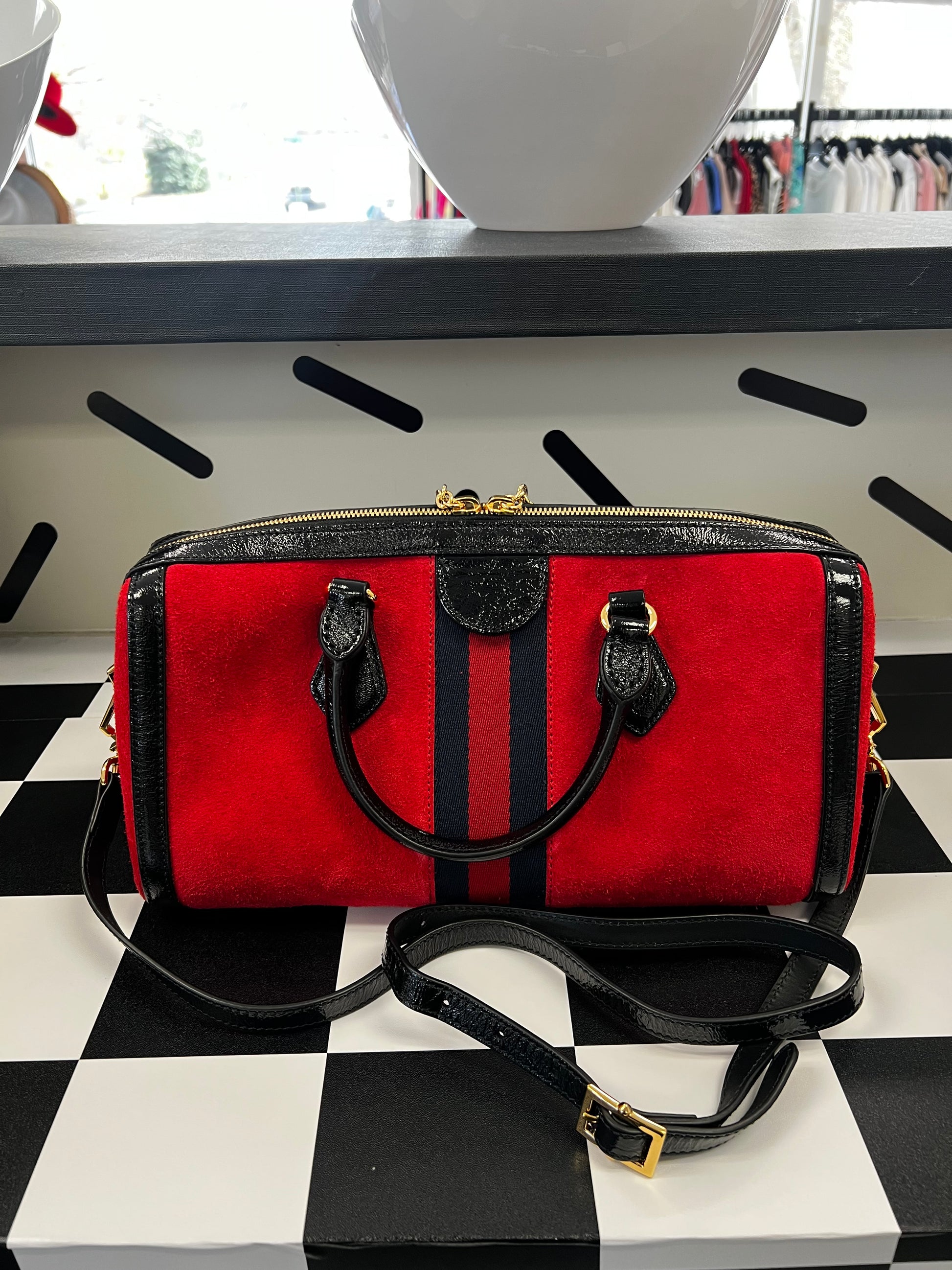 Gucci Red Suede Medium Ophidia Boston W/ Box & Dustbag