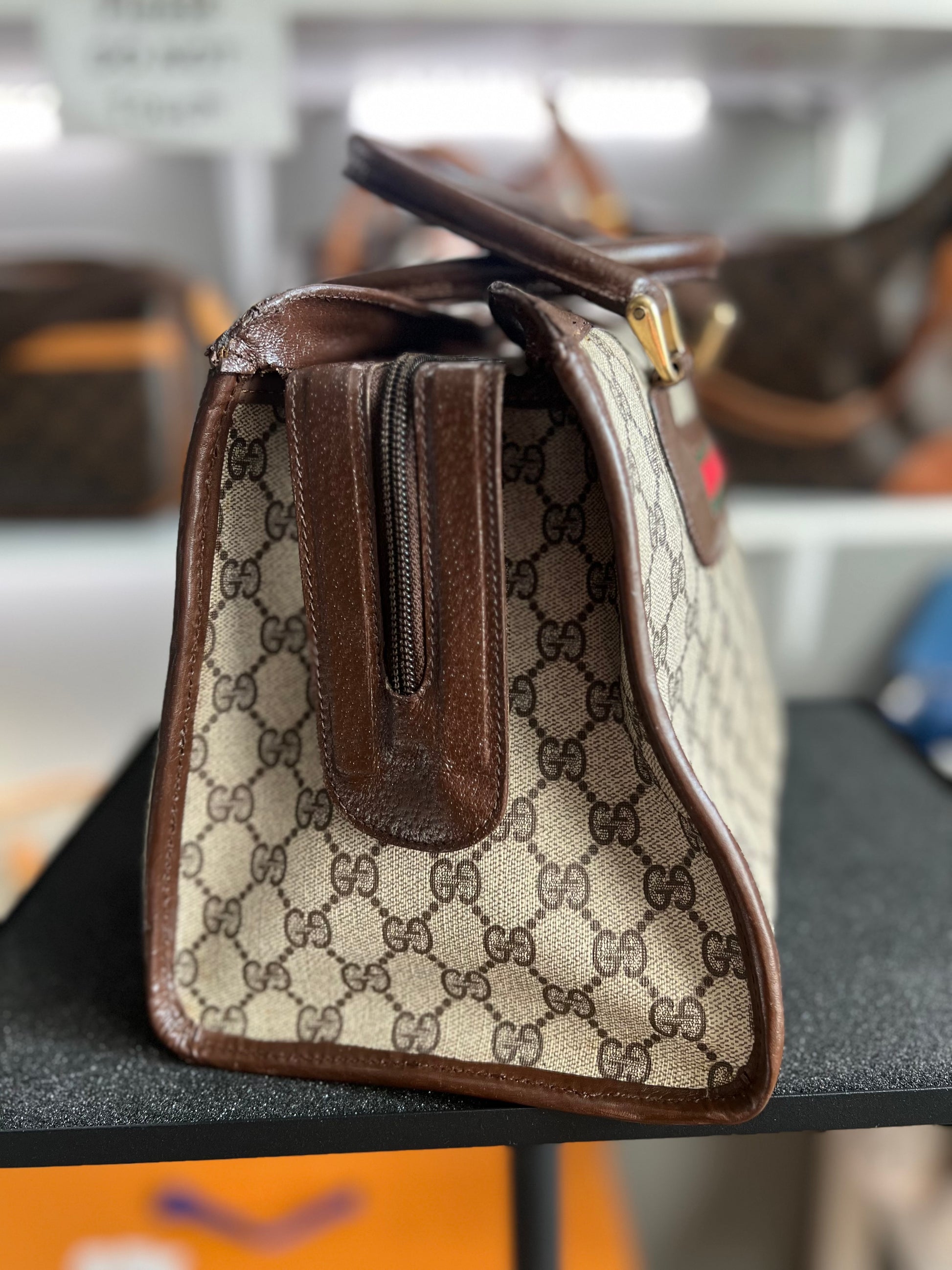 GUCCI Web Sherry Line Hand Boston Bag GG PVC Leather Brown