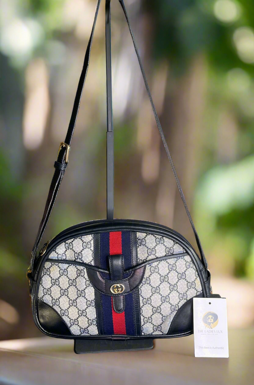 Authentic GUCCI Sherry Line Shoulder Cross Body Bag GG PVC Leather Navy
